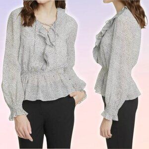 TED BAKER Alyanna Lace Up Ruffle Front Textured Long Sleeve Blouse Top Sz 4